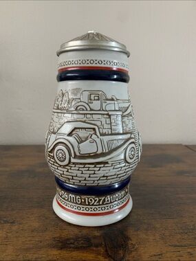 Vintage Car Lovers Beer Stein with White, Navy and Red Accents